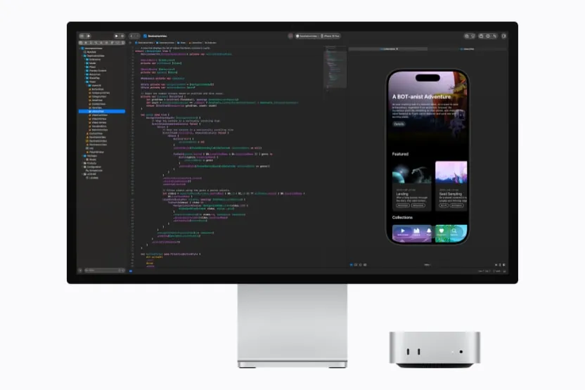 Mac mini with M6 and a display showing Xcode