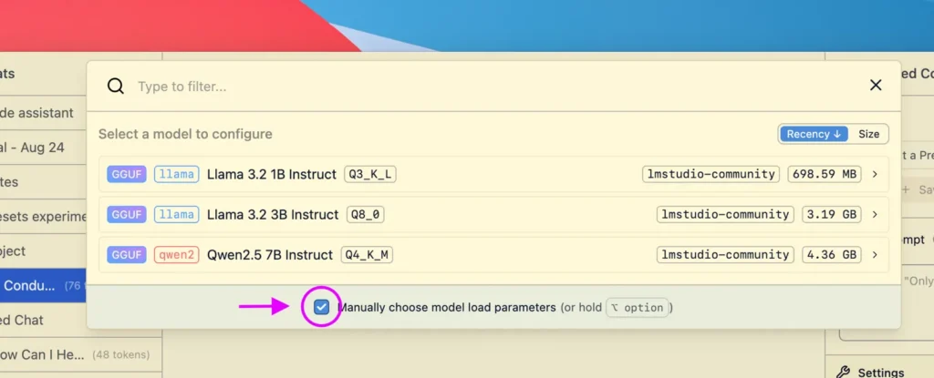 LM Studio model picker with the “Manually choose model load parameters” box ticked