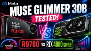 Video: Muse Glimmer 30B in llama-bench: R9700 (32 GB), RTX 4080 Super (16 GB, partly in system RAM) and both together